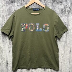 Polo Ralph Lauren Embroidered Spellout T Shirt Large Single Stitch Olive Green